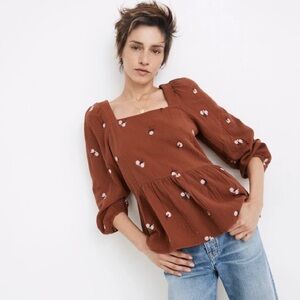 MADEWELL Amie Floral Embroidered Lightspun Millbrook Puff-Sleeve Peplum Top NWT
